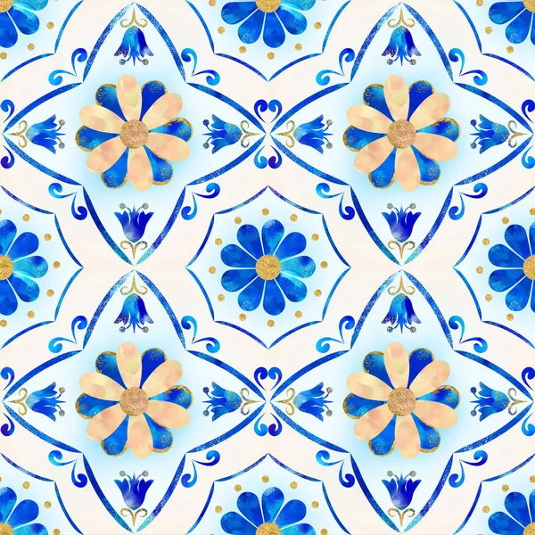 Seamless watercolor pattern in blue with gold decor. For fabrics, ceramics, backgrounds and other projects. The high quality and clear texture of the illustration allows you to use the file for printing.