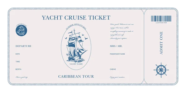: Ticket template for a yacht tour in blue. For cruise and travel companies. Can be used for printing