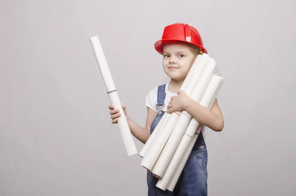 Child architect holds a lot of drawings — Stock Photo, Image