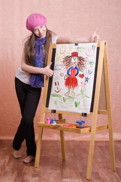 Girl stands with her painted pattern — Stock Photo, Image