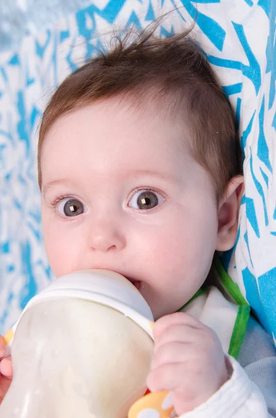 Six-month girl drinks milk from a bottle — Stock Photo, Image