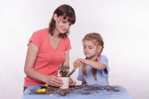 Mãe e filha em terra polvilhada com vaso vaso de flores — Fotografia de Stock