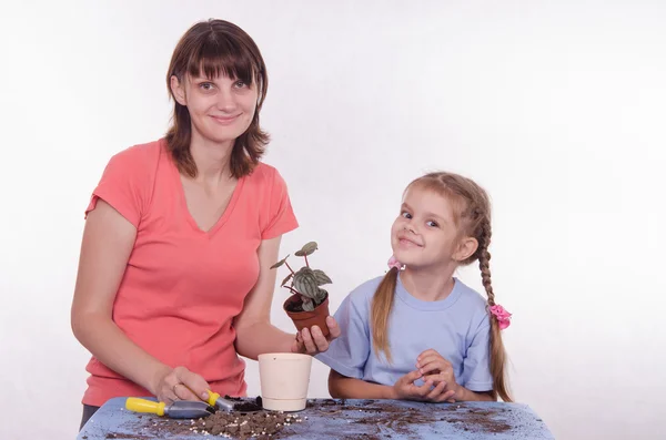 Mom and daughter transplanted flower room — Stock Photo, Image