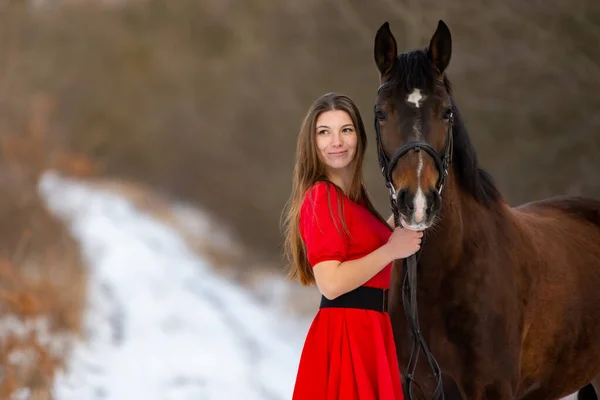 冬の道路を背景に馬と一緒に立って赤いドレスを着た美しい少女の肖像画 — ストック写真