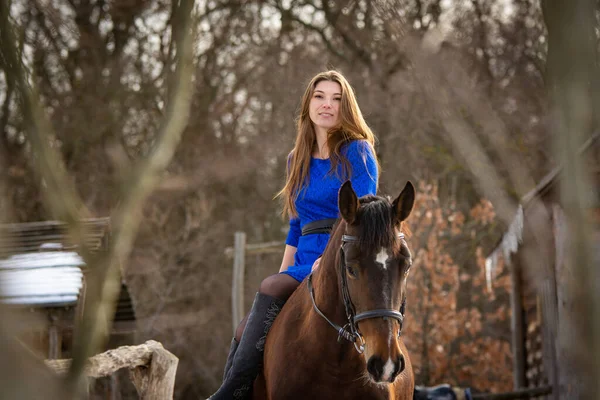 Een Meisje Een Blauwe Jurk Zit Een Paard Tegen Achtergrond — Stockfoto
