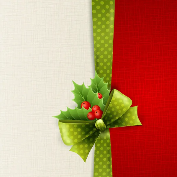 クリスマス カード グリーン ポルカ ドット弓とホリー — ストックベクタ