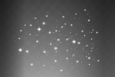 Toz, özel bir ışıkla parlıyor. Şeffaf bir arkaplanda vektör parıldıyor. Noel ışığı etkisi. Parlak sihirli toz parçacıkları.