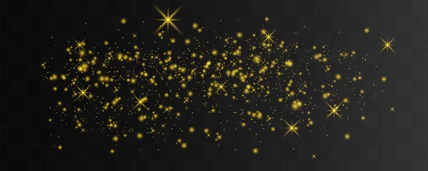 Las chispas de polvo y las estrellas doradas brillan con una luz especial. El vector brilla sobre un fondo oscuro. — Vector de stock