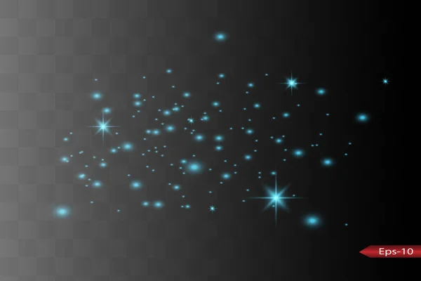 Toz kıvılcımları ve mavi yıldızlar özel ışıkla parlıyor. Karanlık bir arkaplanda vektör parıldıyor. — Stok Vektör
