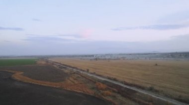 Farm Land Train Tracks Rise Horizontal Drone Aerial View