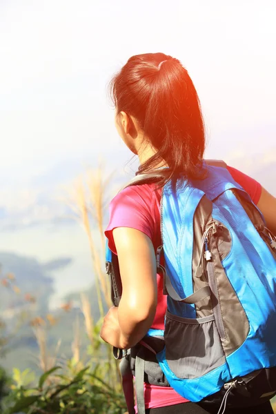 Mujer disfrutar de la vista en el pico de montaña — Foto de Stock