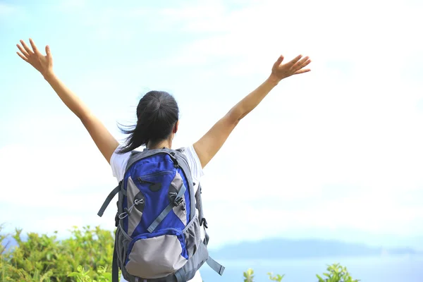 Mujer disfrutar de la vista en el pico de montaña —  Fotos de Stock