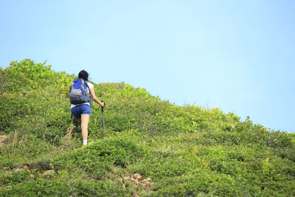 アジアの女性の若いハイカー クライミング — ストック写真