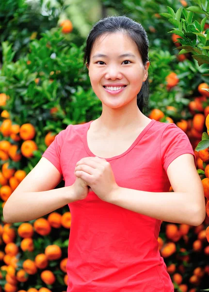 Vrouw en sinaasappelen tree — Stockfoto