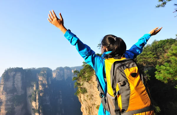 Woman enjoy the beautiful view at mountain peak — Stock Photo, Image