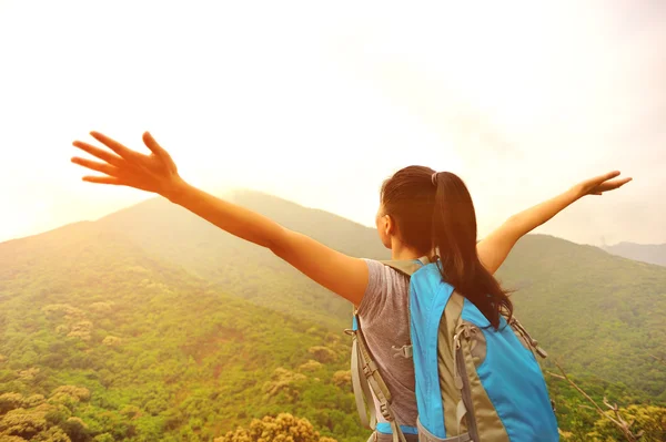 女人欣赏美丽的景色，在山的顶峰 — 图库照片