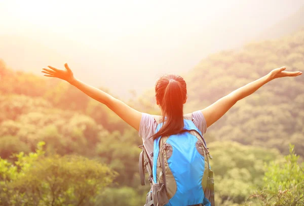 Woman enjoy the beautiful view at mountain peak — Stock Photo, Image