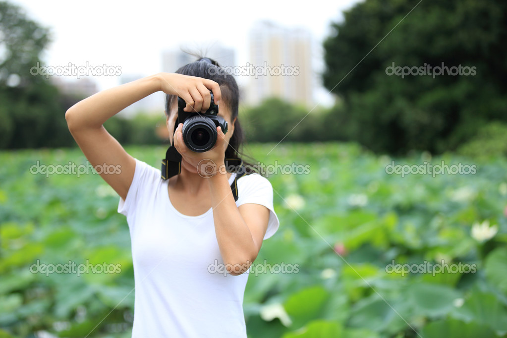 Photographer taking photo of blooming lotus