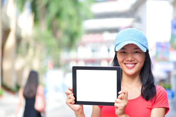 Asian woman hold blank digital tablet — Stock Photo, Image