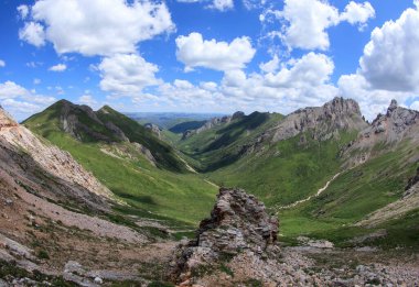 Mavi gökyüzünün altındaki yüksek rakımlı dağ manzarası
