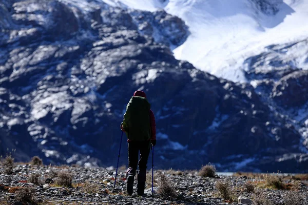 Kışın Yüksek Irtifada Dağ Yürüyüşü Yapan Bir Kadın — Stok fotoğraf