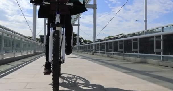 Radfahrerin Fährt Mit Fahrrad Auf Brücke — Stockvideo