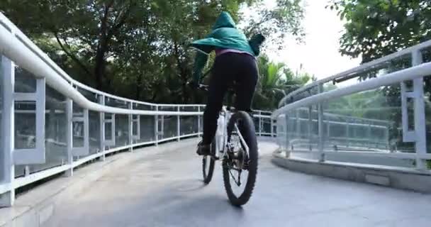 Женщина Велосипедистка Велосипеде Мосту — стоковое видео