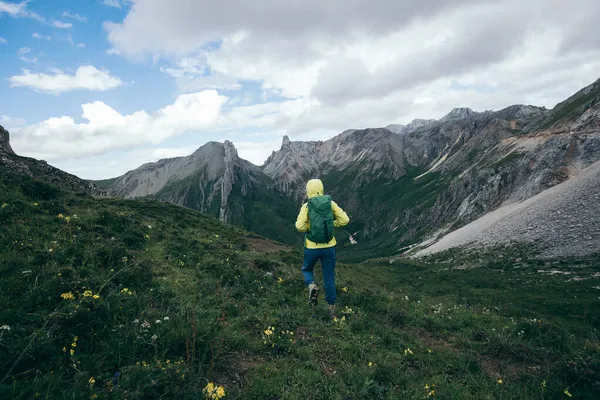 Donna Successo Escursionista Zaino Spalla Sulle Montagne Alpine — Foto Stock