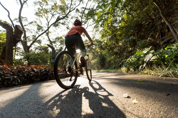 Woman Cycling Bike Path Park Sunny Day — Stock Photo, Image