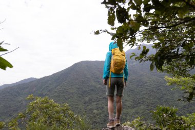 Başarılı yürüyüşçü dağın tepesindeki manzaranın tadını çıkar.