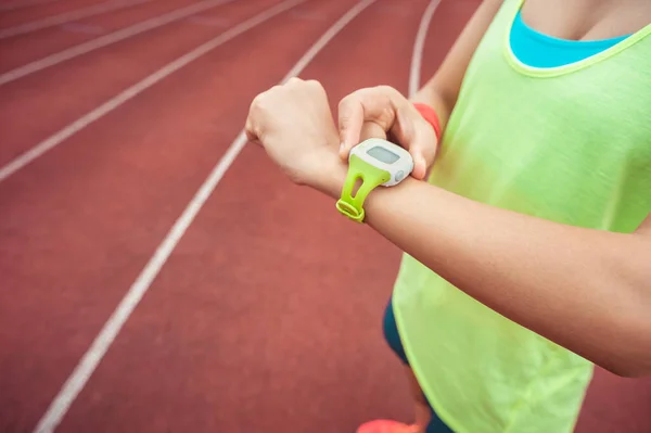 Young Woman Runner Ready Run Set Looking Sports Smart Watch — Stock Photo, Image