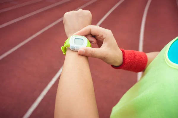 Young Woman Runner Ready Run Set Looking Sports Smart Watch — Stock Photo, Image
