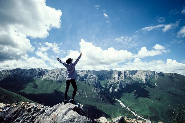Succesvolle Vrouw Wandelen Alpine Bergtop — Stockfoto