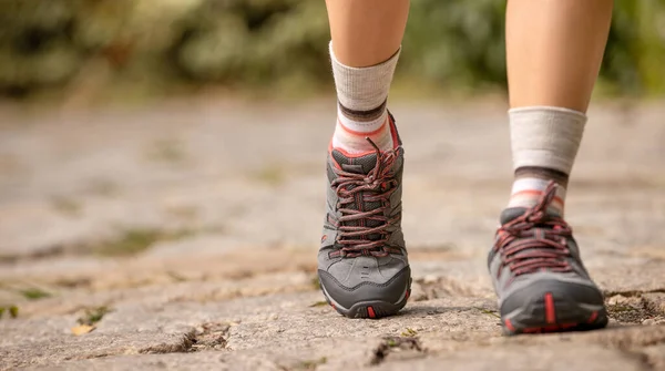 Joven Mujer Fitness Senderista Piernas Caminando Sendero Del Bosque — Foto de Stock