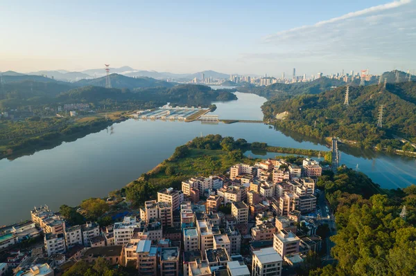 Letecký Pohled Východ Slunce Městské Vesnice Krajiny Městě Shenzhen Čína — Stock fotografie