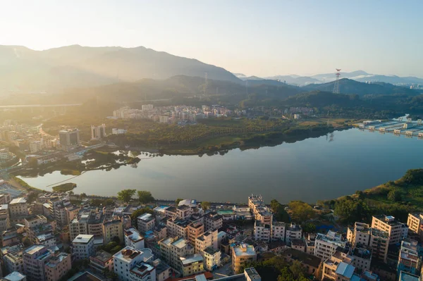 Letecký Pohled Východ Slunce Městské Vesnice Krajiny Městě Shenzhen Čína — Stock fotografie