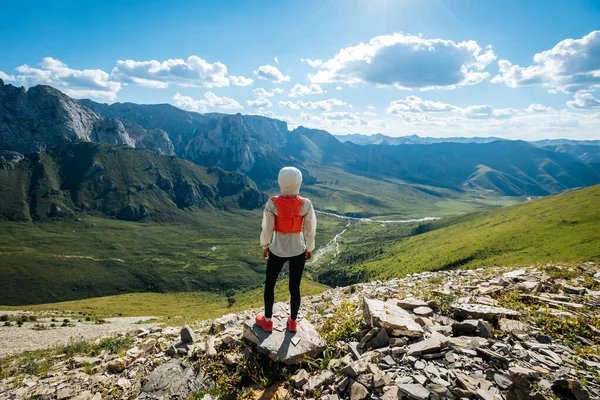 山の頂上からの景色を楽しむ若い女性の超マラソンランナー — ストック写真