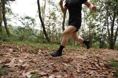 Kadın koşucu orman yolunda koşuyor.