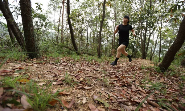 Mulher Corredor Correndo Trilha Floresta — Fotografia de Stock