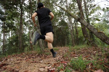 Kadın koşucu orman yolunda koşuyor.