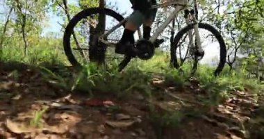 Ormanda bisiklet süren genç bir kadın.