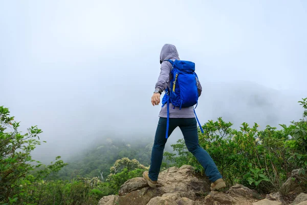 Successful Hiker Walking Spring Mountain Top — Stock Photo, Image