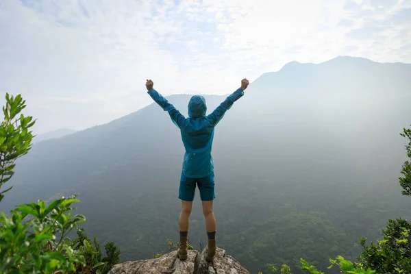 Successful Woman Outstretched Limbs Summer Sunrise Mountain Top — Stock Photo, Image