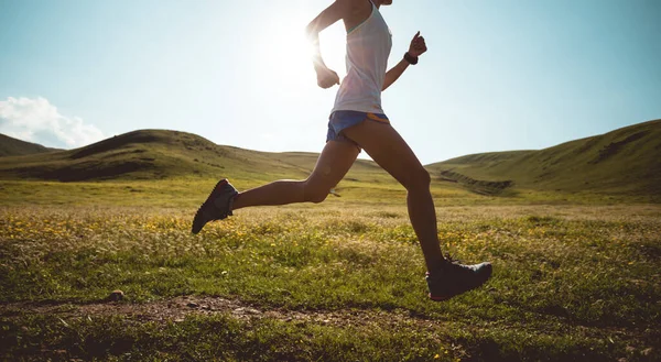 Young Fitness Woman Trail Runner Running High Altitude Grassland — Stock Photo, Image