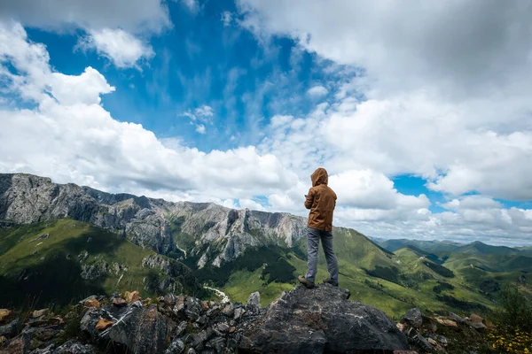 Успішний Жінка Пішохід Використовуючи Смартфон Вершині Гірського Масиву — стокове фото