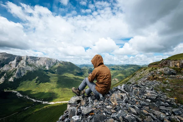 Erfolgreiche Wanderin Mit Smartphone Auf Berggipfel — Stockfoto