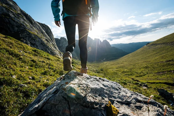 Vrouw Wandelaar Wandelen Grote Hoogte Bergen — Stockfoto
