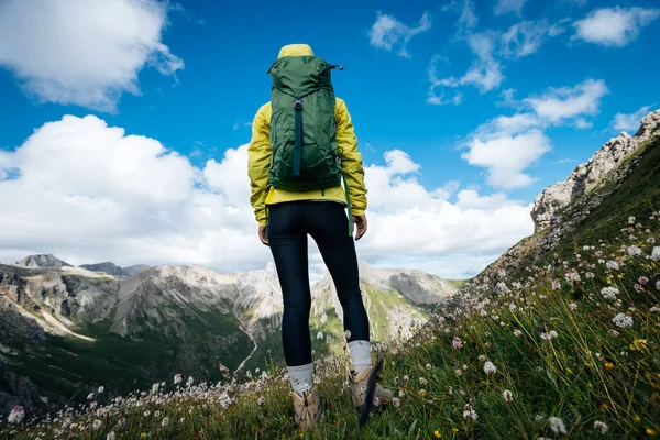 Alleinreisende Rucksacktouristin Wandert Auf Alpinem Gipfel — Stockfoto