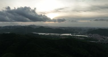 drone view of the modern asian city with lake