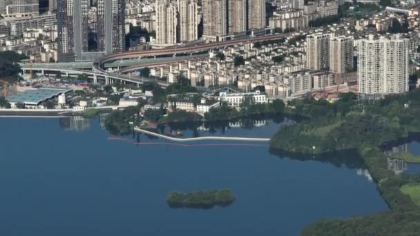 Drone View Modern Asian City Lake — Wideo stockowe